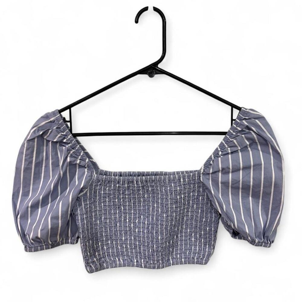 Altar'd State stretchy white/blue striped crop top with puffy sleeves